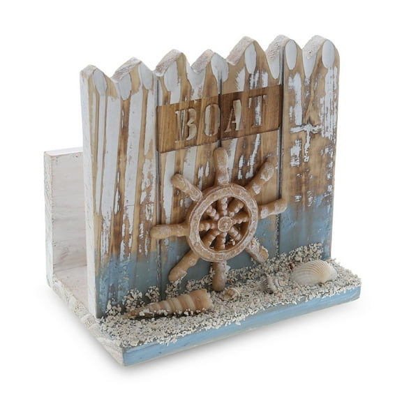CoTa Global Coastal Horizon Napkin Holder - Nautical Themed Napkin Holder with Boat Wheel, Beach Napkin Holder Decor for Tabletop, Novelty Anchor Wooden Figure, Coastal Table Decor Centerpiece