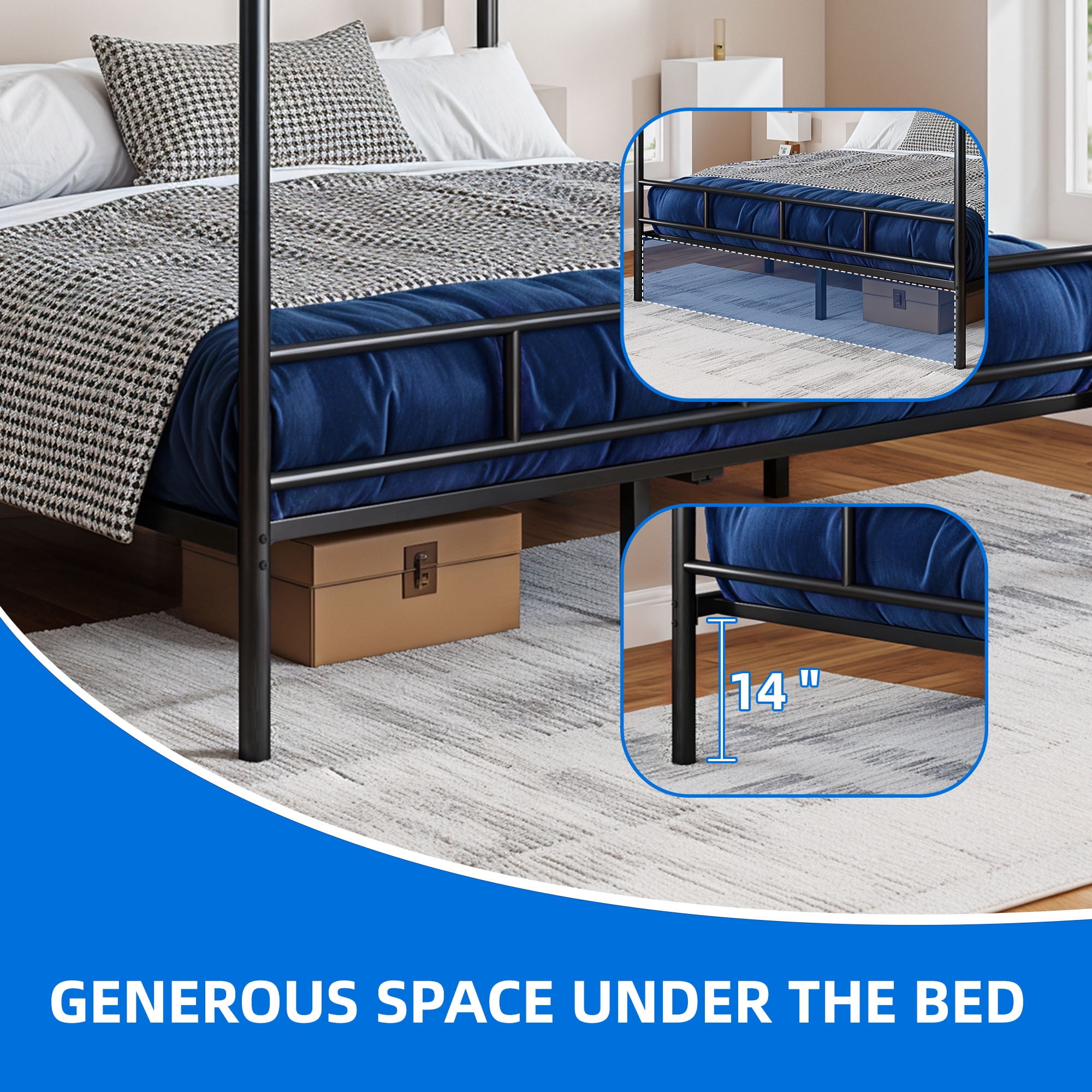 Dextrus Queen Size Bed Frame, Metal Canopy Four Poster Bed Frame,No Box Spring Needed, Black