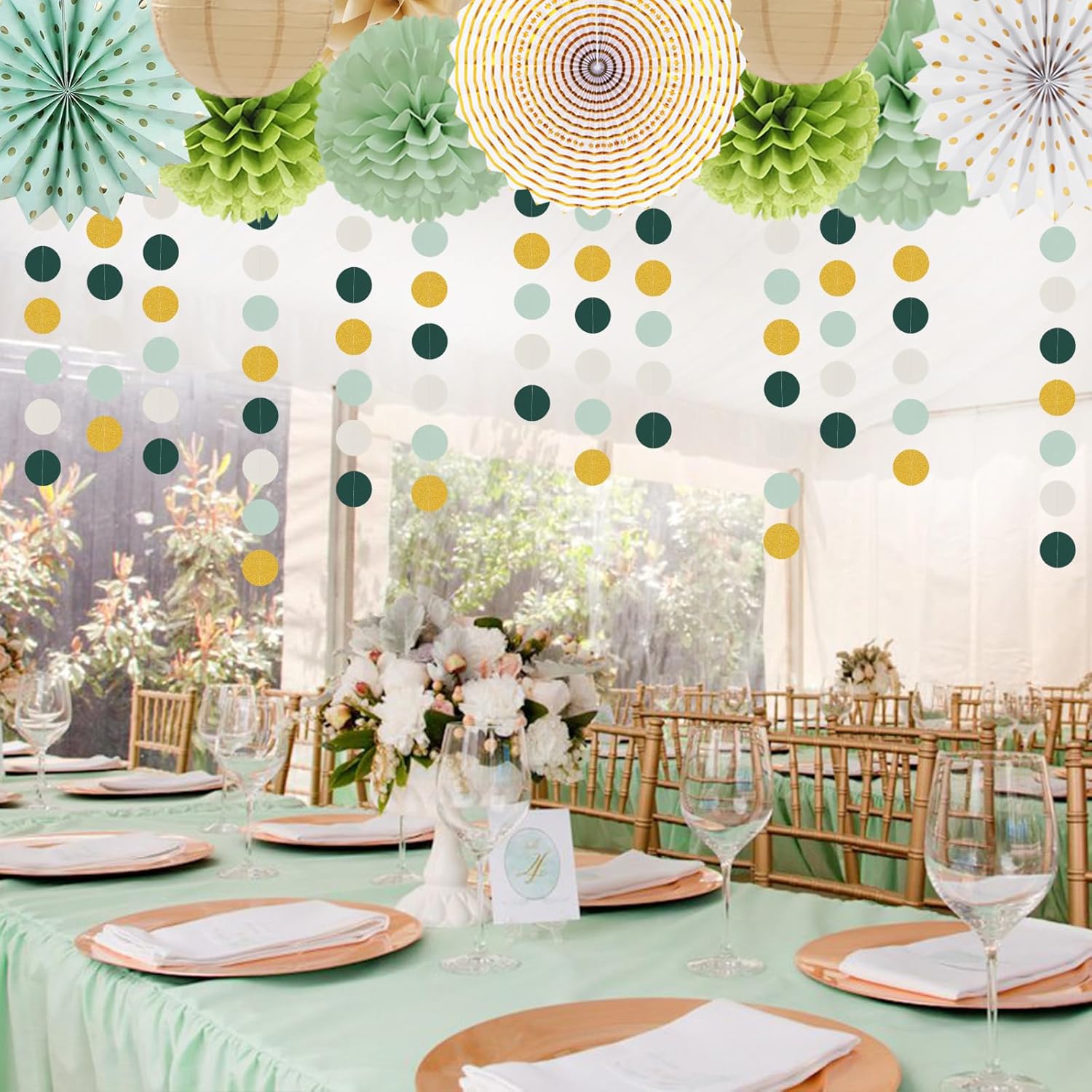 NestE Sage-Olive Green Gold Brown Boho Party-Decorations - 33pcs Paper Lanterns Fan, Banner,Streamers Tassel Garland,Tissue Pom Poms,Baby Bridal Shower Birthday Wedding Bachelorette Engagement Decor