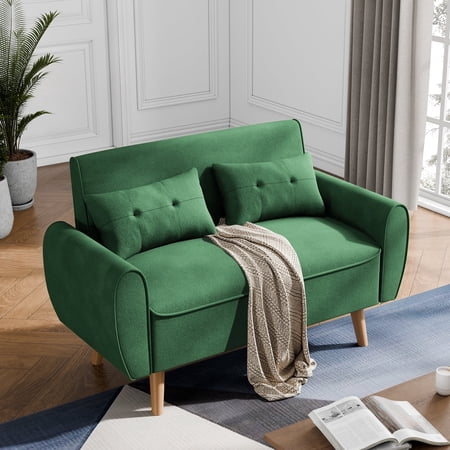 Walsunny 49" Loveseat Sofa Couch, 2-Seat Fabric Upholstered Sofa with 2 Removable Pillows, Modern Loveseat Couch, Wood Leg, Green