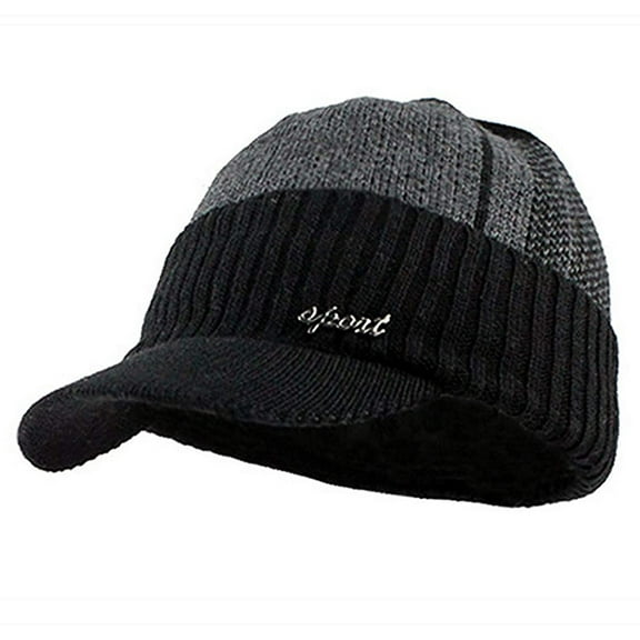 Viworld Men Winter Hat Knit Cable Visor Beanie with Fleece Lining Patchwork Stripe Newsboy Cap with Brim