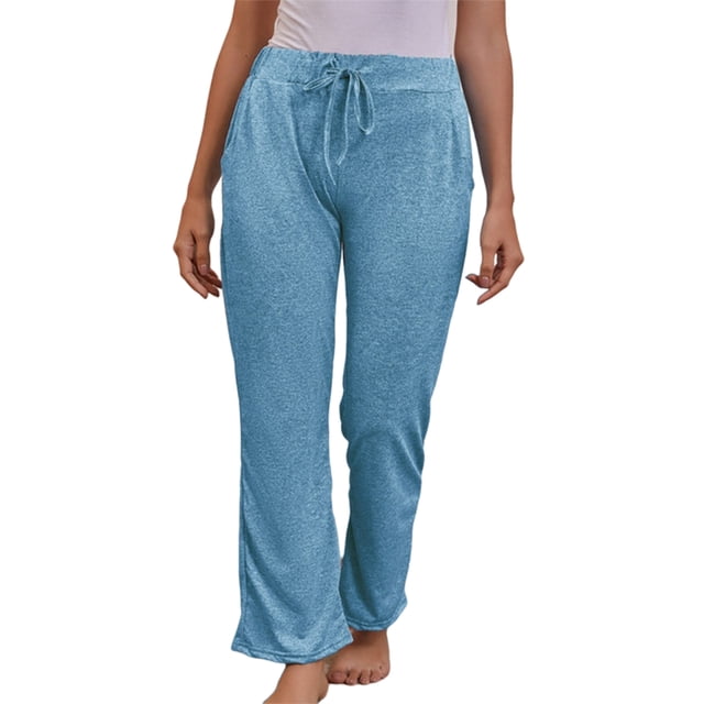 Innerwin Bottoms Solid Color Ladies Yoga Pants Sport Elastic Waist Tummy Control Trousers Light Blue L