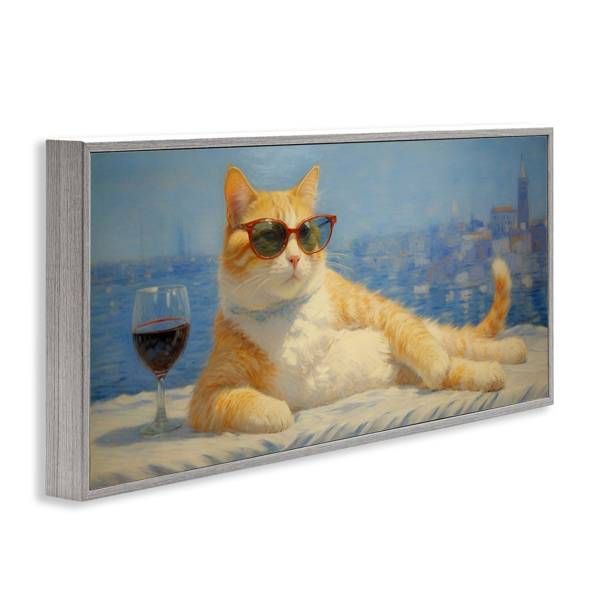 Stupell Industries Lounging Feline with Wine Glass Gray Framed Giclee Art, design by Angie Hawke