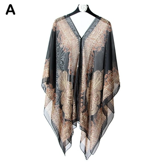 Women Beach Cover Up Poncho Beachwear Fashion Summer Shawl Chiffon Beach Bikini Buttons Loose Top With Scarf Kaftan T2m0 Blouse