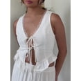 thumbnail image 3 of JYYYBF Women Strappy Tank Tops Lacing Closure Lace Trim Ruffled Hem V-Neck Sleeveless Solid Color Vest, 3 of 9