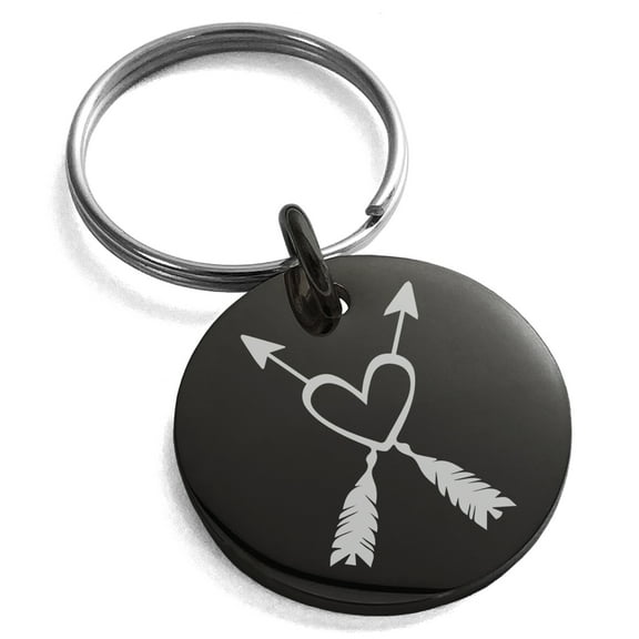 Stainless Steel Heart + Arrows Engraved Small Medallion Circle Charm Keychain Keyring