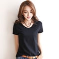 thumbnail image 4 of Women Summer T-shirt V-neck Short Sleeve Slim Fit T-shirt Solid Color Pullover Tops Stretchy Bottoming Shirt Streetwear-Black1,L, 4 of 8