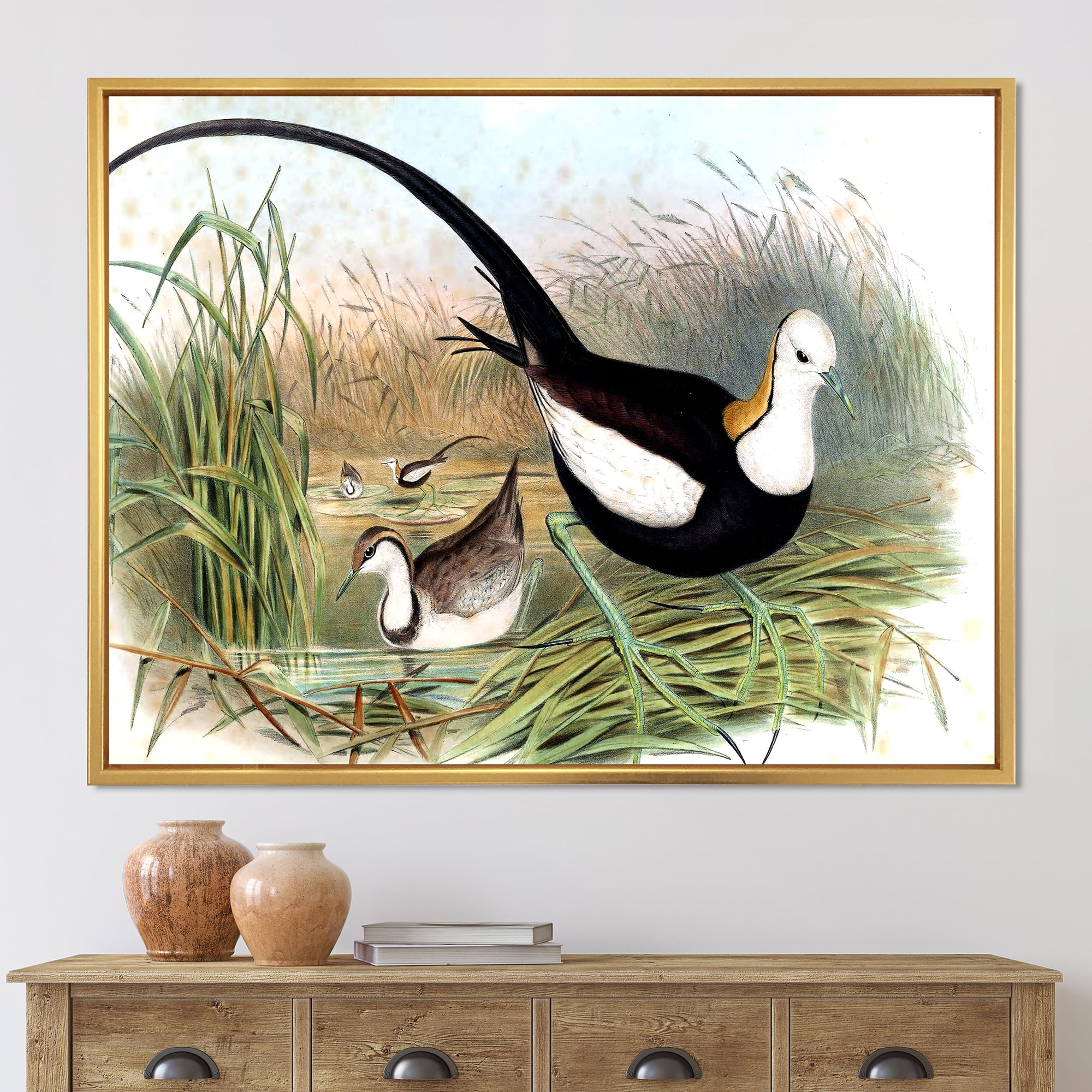 Designart 'Vintage Countryside Birds In Lake' Farmhouse Framed Canvas Wall Art Print