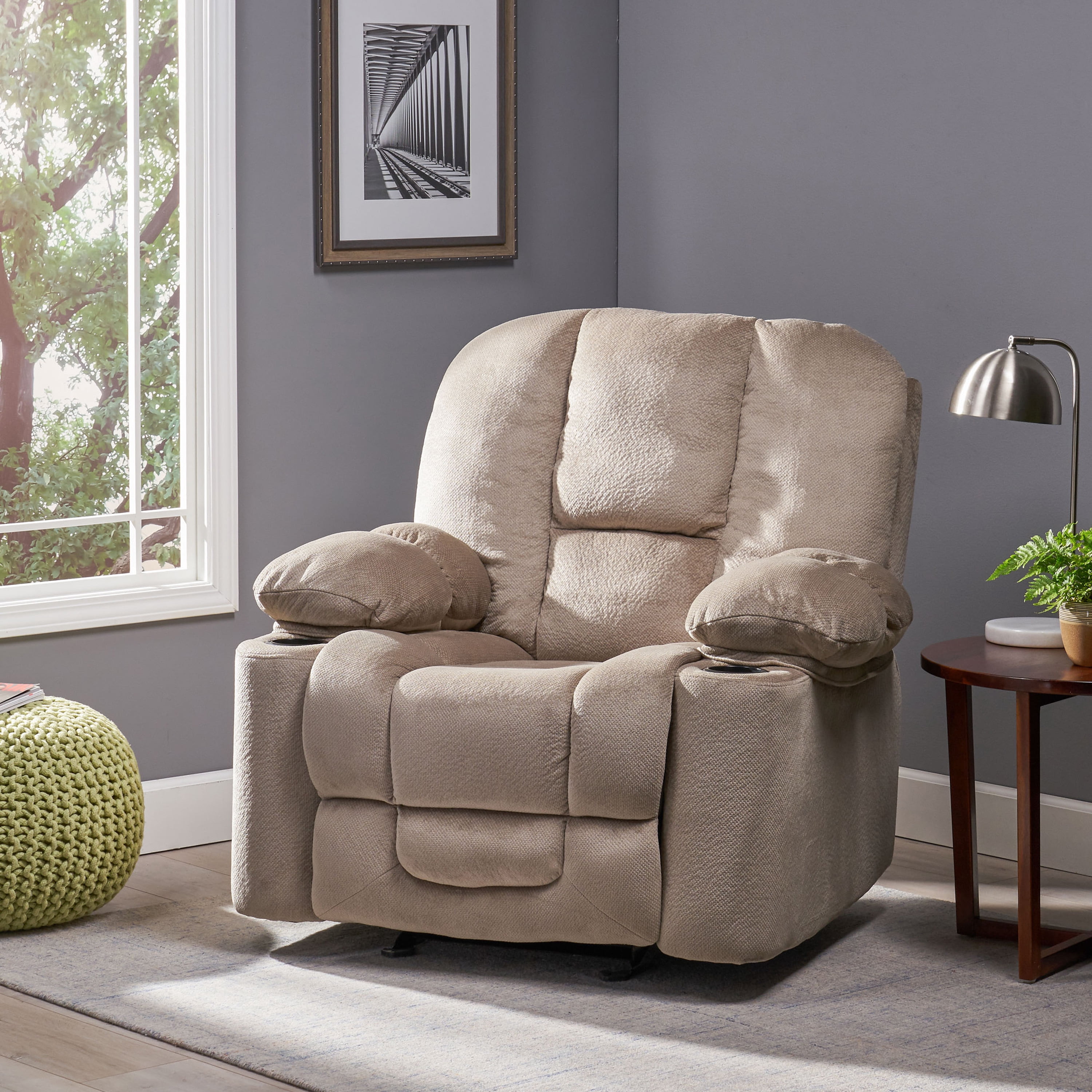 Euroco Luxurious Manual Recliner Chair in Coffee, Skin-Friendly Fabric, Dual Cup Holders