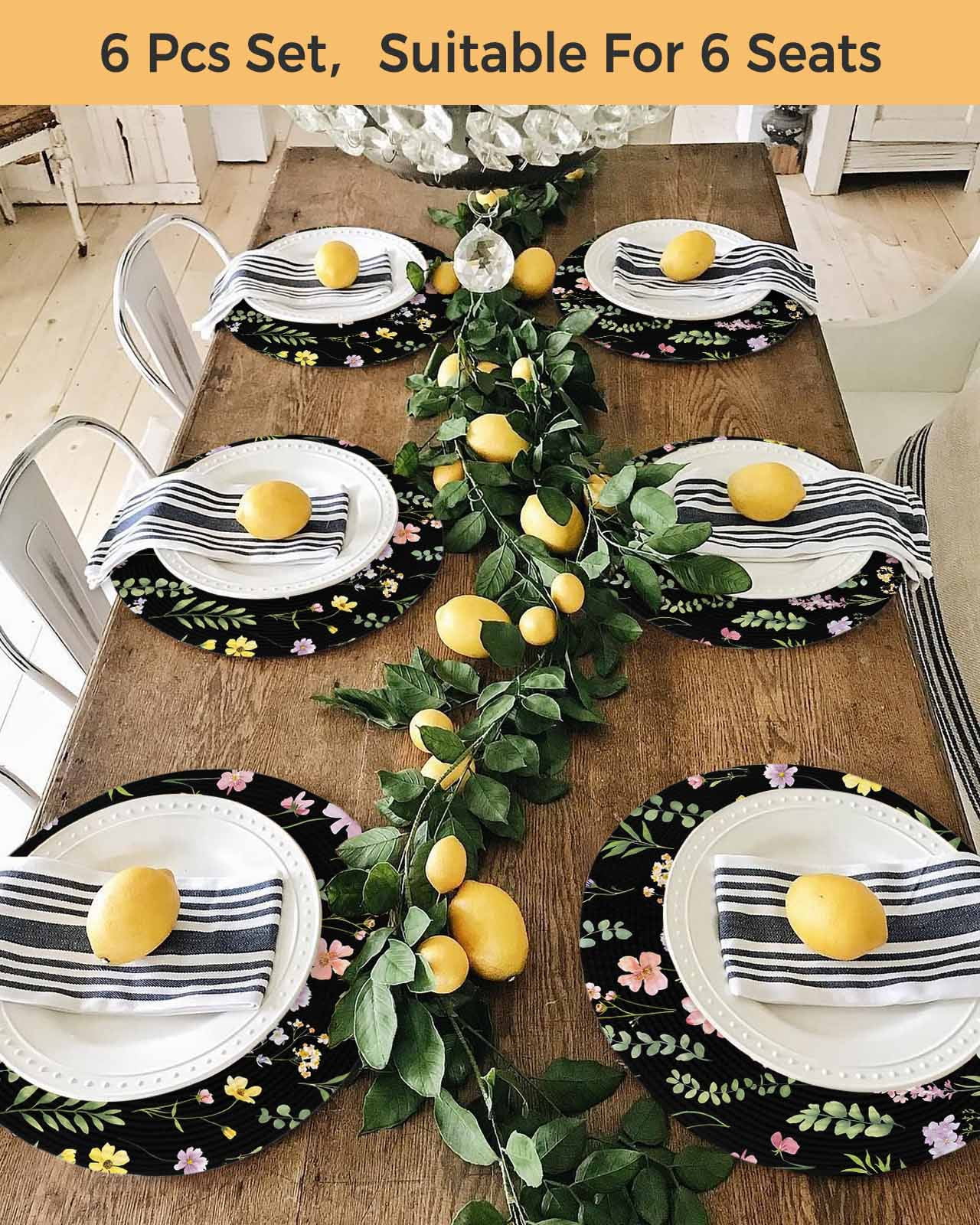 13 Inch Round Placemats Set of 4, Pink Spring Floral Non Slip Heat Insulation PP Table Mats, Flowers Botanical Elegant Pastoral Black Washable Place Mats for Kitchen Dining Party Table Decor