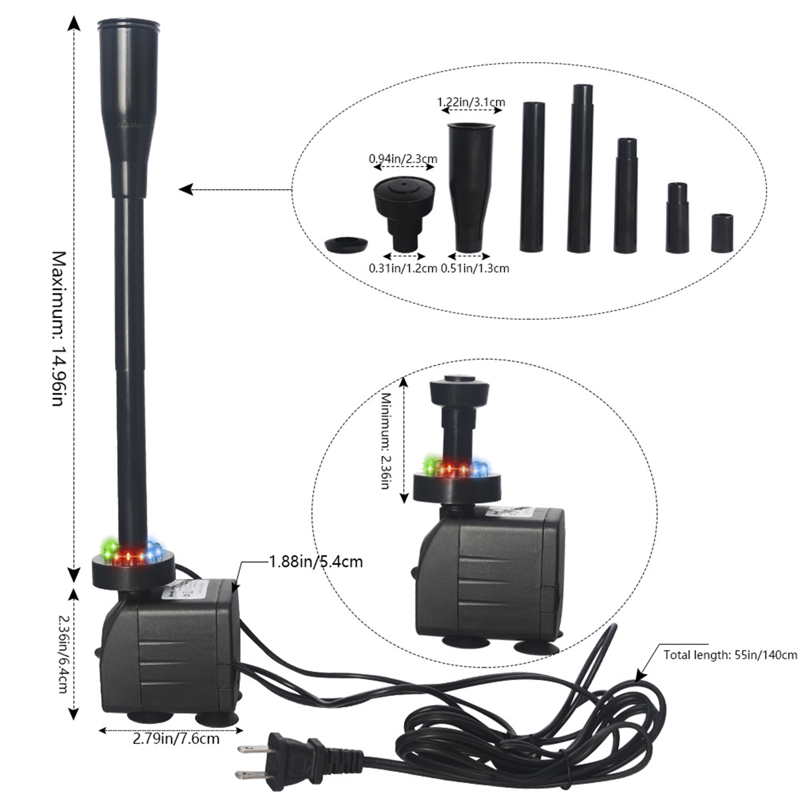 AYYUFE Fountain Pump with LED Light 12 Lamp Beads Strong Suction Cup Hydroponics Garden Pond Fish Tank Aquarium Pump 3-in-1 Ultra Quiet Adjustable Water Pump Indoor Outdoor