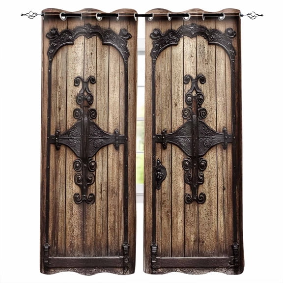 Vintage Doors Blackout Curtains 96 Inch Length 2 Panels Set, Classic Farmhouse Retro Wooden Grain Full Shading Curtains for Windows, Blackout Curtains for Bedroom Living Room 52"x96"