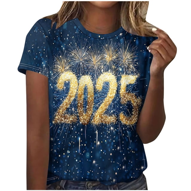Camisetas Casuales de Mujer Año Nuevo Impreso Suéter de Manga Corta Cuello Redondo, Top de Moda para el Uso Diario