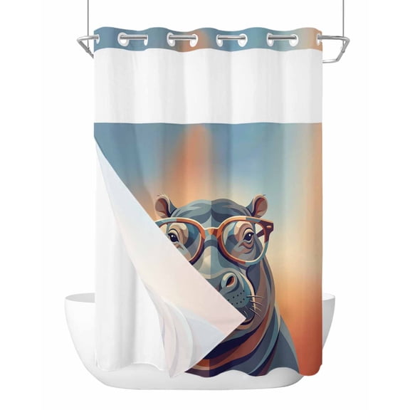No Hook Shower Curtain with Snap-in Liner, Orange Blue Hippocampus Waterproof Fabric Bathroom Curtains, Funny Animals Modern Art Bath Curtains & Mesh Top Window 60"x72"