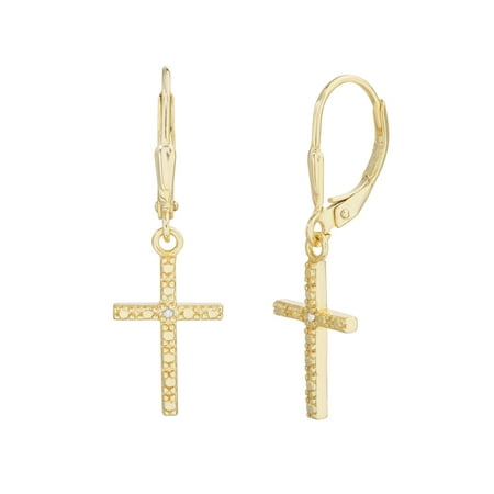 - Ladies Diamond Accent Cross Dangle Earrings in Yellow Gold Plated Sterling Silver