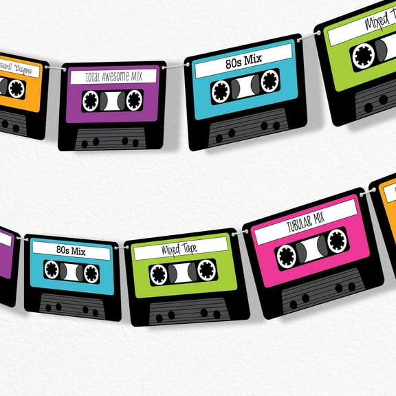 Big Dot of Happiness 80's Retro Garland Banner, Totally 1980s Party Decorations Banner, 30 Feet of Cord, 15 Double-Sided Paper Cassette Tapes