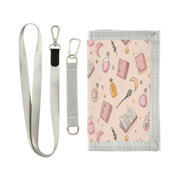 Cloth Wallet with Lanyard & Multiple Compartments Fashion Purse Zipper Clutch Bag for Cash Cards Coins Pastel Pink Witchy Items