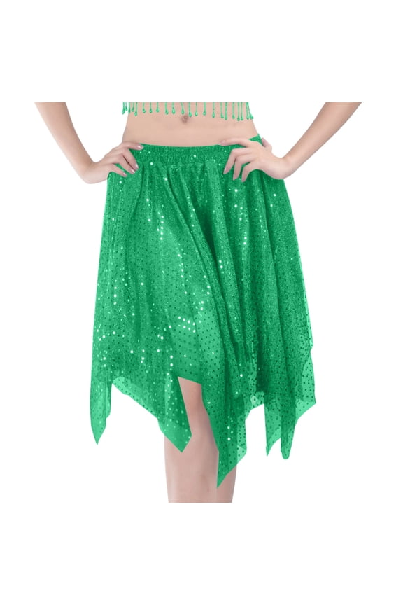 Women's Sequin Asymmetrical Handkerchief Hem Skirt Elastic Waist Belly Dance Skirt for Stage Performance
