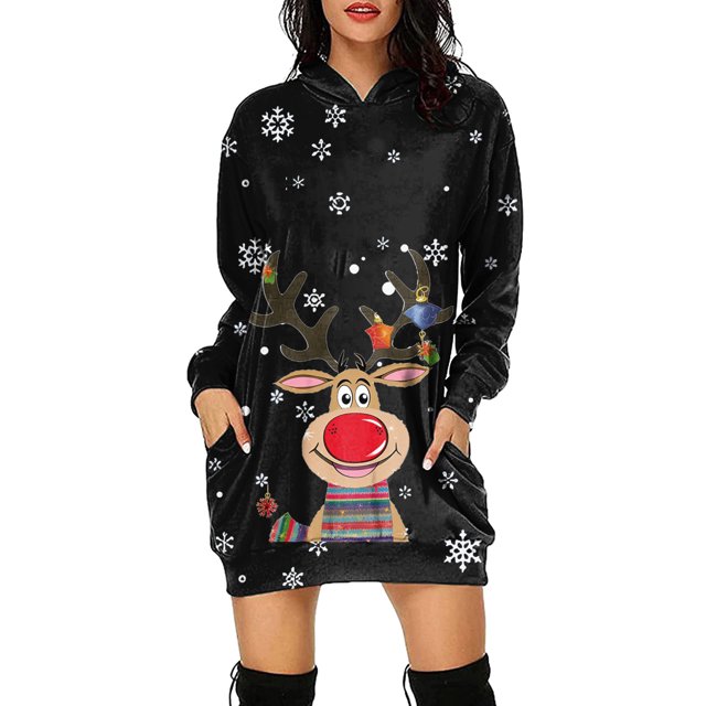 VBARHMQRT Longs Chandails pour Femmes Femmes Longs Décontractés à Manches Longues Chandail Chandail Imprimé de Noël Robe à Capuche avec Poche