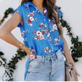 thumbnail image 3 of QLEICOM Women 2023 Summer V Neck Ruffle Short Sleeve Blouse Flowy Shirt Tunic Top Button Solid Color Turndown Collar T-Shirt Tops Blue XXL, US Size 12, 3 of 6