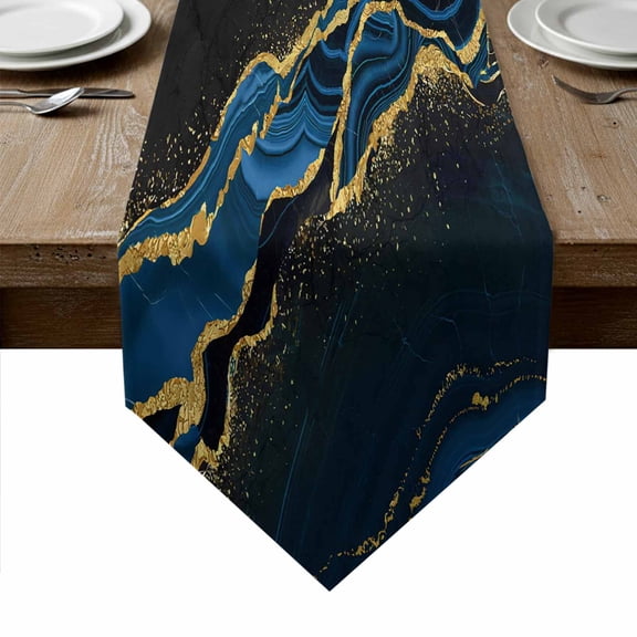 Blue Marble Table Runner Linen Burlap Table Runner 72 Inches Long Gold Abstract Vintage Modern Black Art Dresser Scarves for Kitchen Island Coffee Dining Room Party Wedding Holiday Decoration 18"x72"