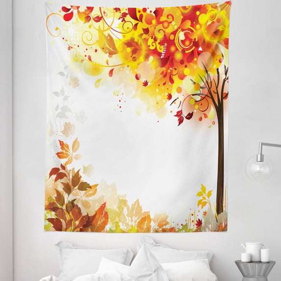 Autumn Tapestry, Creative Fall Season Botanical Composition with Trees Leaves and Dots, Fabric Wall Hanging Decor for Bedroom Living Room Dorm, 5 Sizes, Multicolor, by Ambesonne