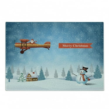Christmas Cutting Board, Santa in a Plane Flying over the Forest with Snowman Jolly Season Celebration, Decorative Tempered Glass Cutting and Serving Board, Small Size, Blue Orange, by Ambesonne