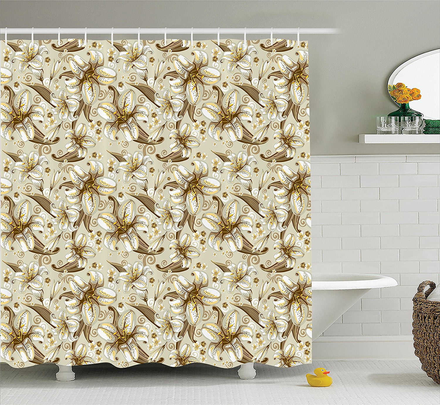 Beige Decor Shower Curtain Set by , Wild Distressed Lilies over Floral