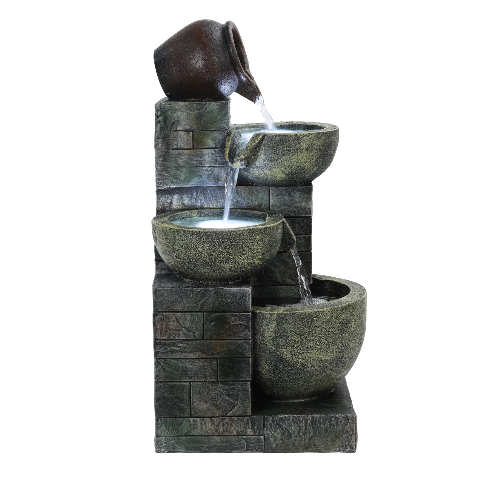 Koiauber 23.6" 4-Tiers Outdoor Garden Water Fountain,Cascading Bowls and Stacked Stones Outdoor Water Fountain,Outside Patio Water Features Fountain with LED Light