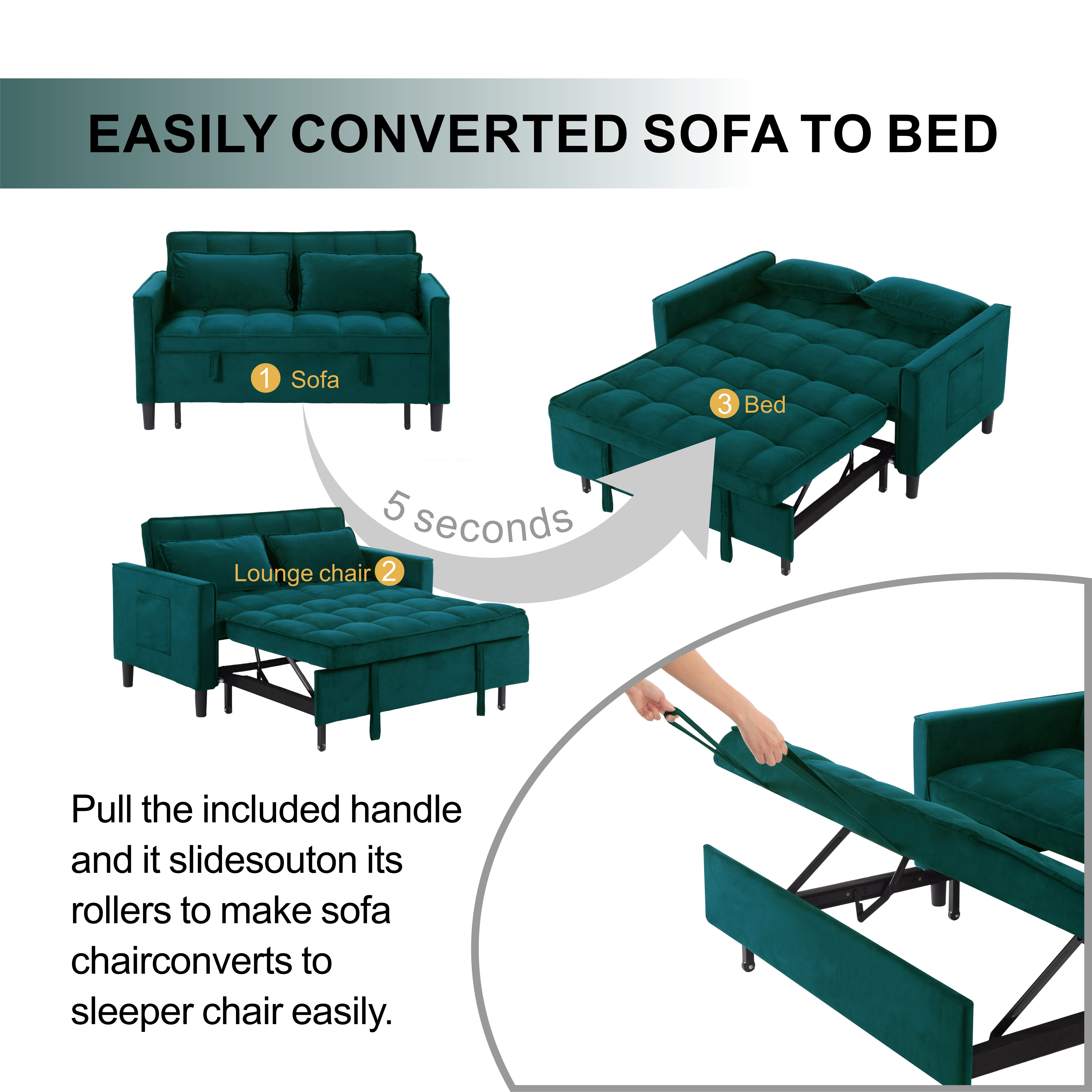 Gewnee 53.94" Pull-Out Sofa Bed – Convertible Twin Size Sleeper Bed,3 Adjustable Backrest Angles & Storage Side Pocket for Living Room,Office,Guest Room.Teal