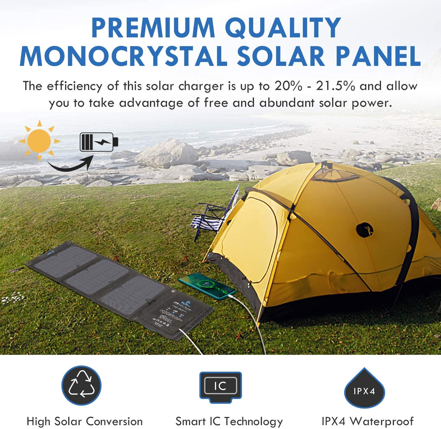 BigBlue 28W Portable Solar Panel Charger,  USB Solar Phone Charger with SunPower Solar Panel for Hiking Camping Emergency Outdoors