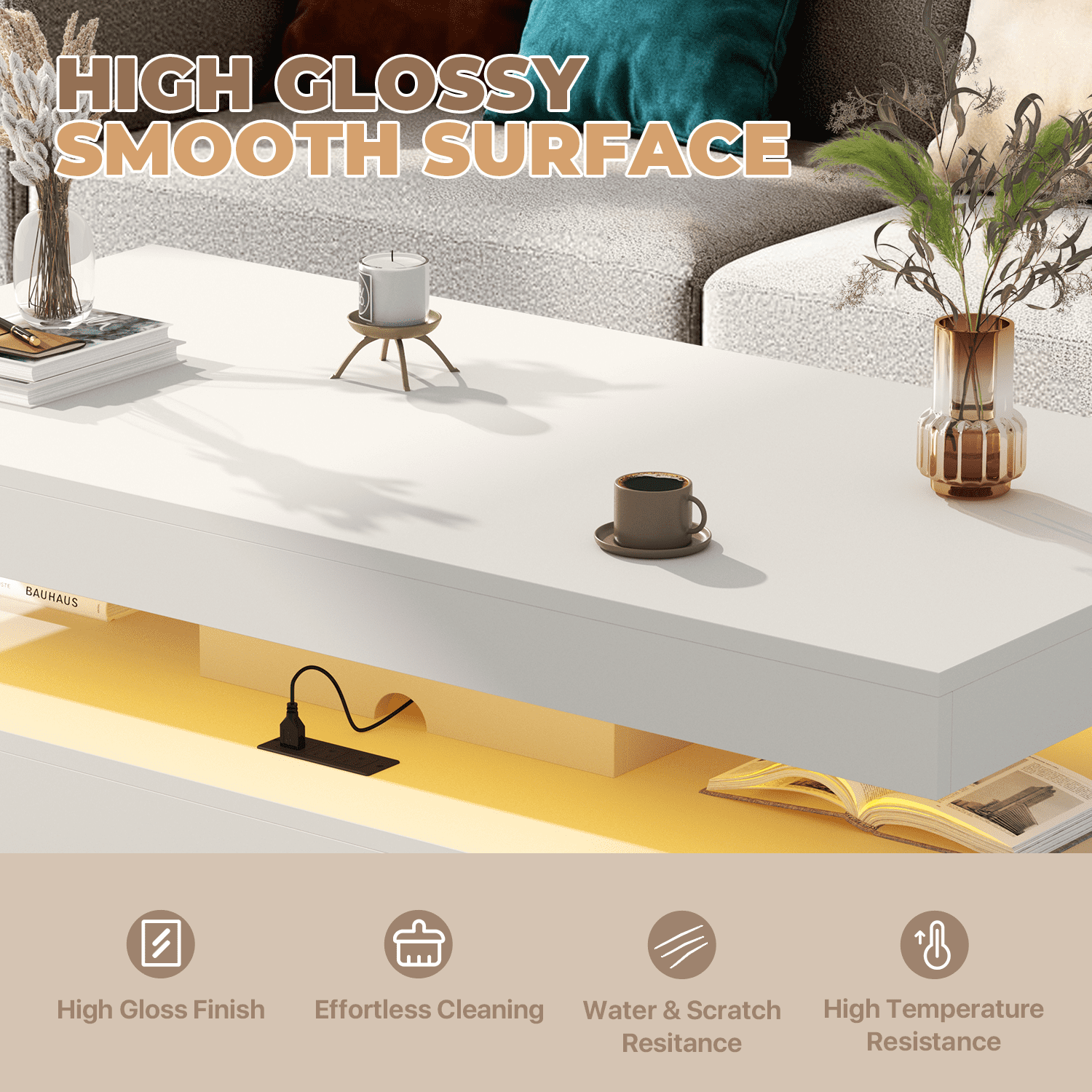 BaPiPro 47 Inch Modern LED Coffee Table with 2 Drawers, USB Charging & Smart Control, Large Center Table for Living Room, White