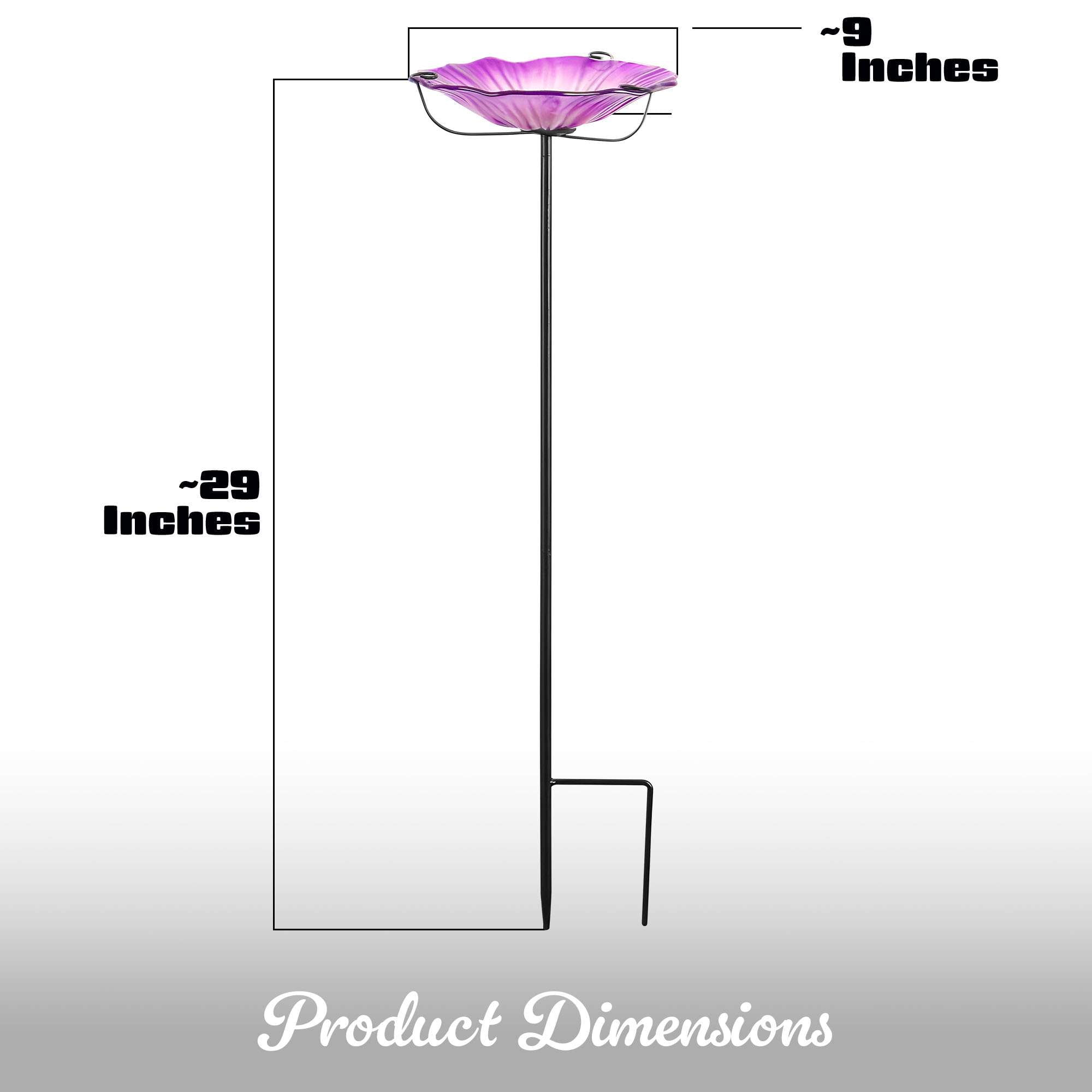 G128 29 Inch Height Glass Bird Baths with Metal Stake | Decorative Purple Flower Design Outdoor Garden Bird Feeder