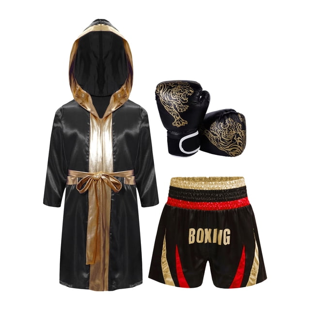 XUNZOO Ensemble de Survêtement de Boxe 3 Pcs pour Garçons Costume de Cosplay d'Halloween Robe en Satin avec Shorts Gants d'Exercice Rouge&Or 10