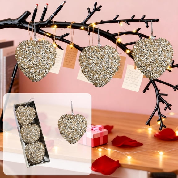 Valentine Heart Ornaments,Christmas Ball Heart Ornaments,Glitter Sequin Heart Shaped Baubles Decoration Valentines Pearl Foam Hanging Decor for Valentine Day Wedding Anniversary Decorations,3pc