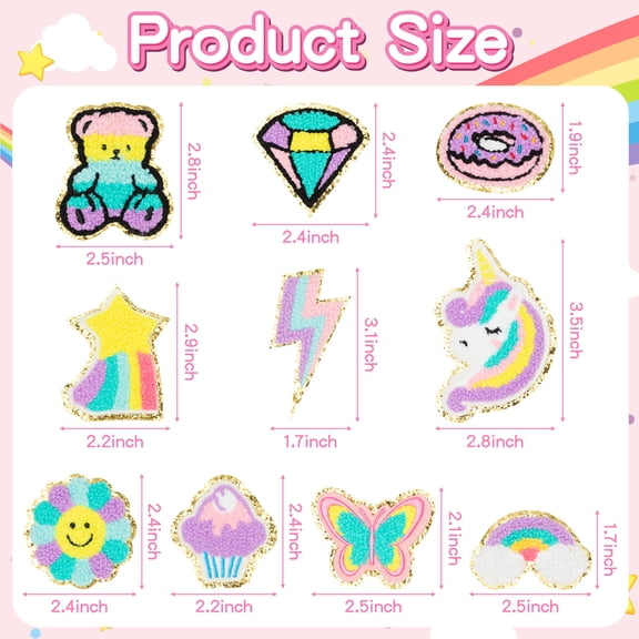 Chenille Patches Set for Clothes and School Bags Decor, 10 Styles Fabric Stickers, Candy Colors