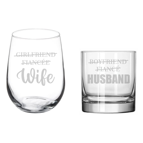 Set of 2 Glasses Stemless WINE & ROCKS Whiskey Gift Girlfriend Fiancee Wife Boyfriend Fiance Husband Husband And Wife Wedding For Couple Bride And Groom