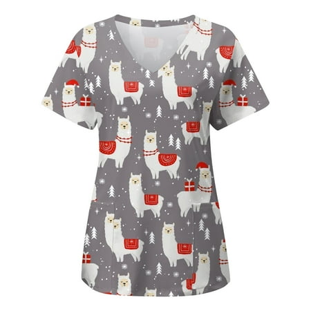 

Christmas Scrub Tops for Women Funny Xmas Reindeer Graphic Print Regular Fit Short Sleeve Sweatshirt Vintge Streetwear Pullover Shirts