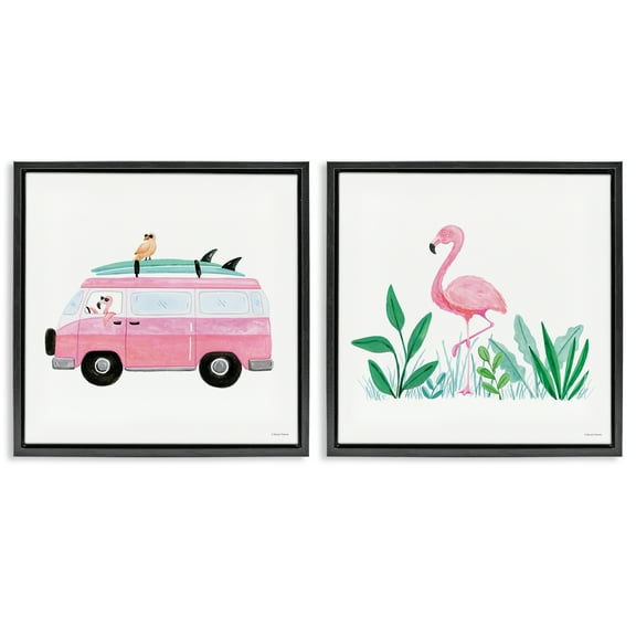Stupell Industries Flamingos Tropical Vacation Transportation Painting Black Floater Framed Canvas Art Print Wall Art, 18 x 18, Set of 2