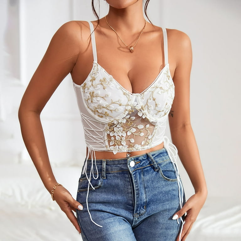 RQYYD Clearance Women's Y2K Crop Bustiers Deep V Neck Floral Lace  Embroidery Cute Cami Crop Top Bralette Tops Drawstring Corset Tops(White,L)  