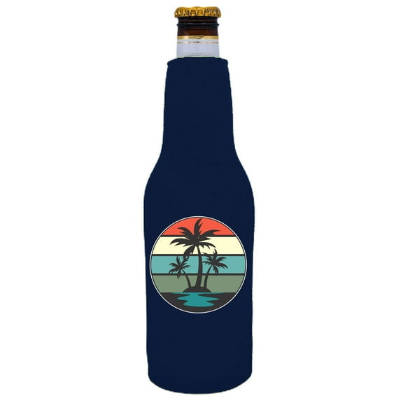 Retro Palm Trees Beer Bottle Coolie (Navy Blue)