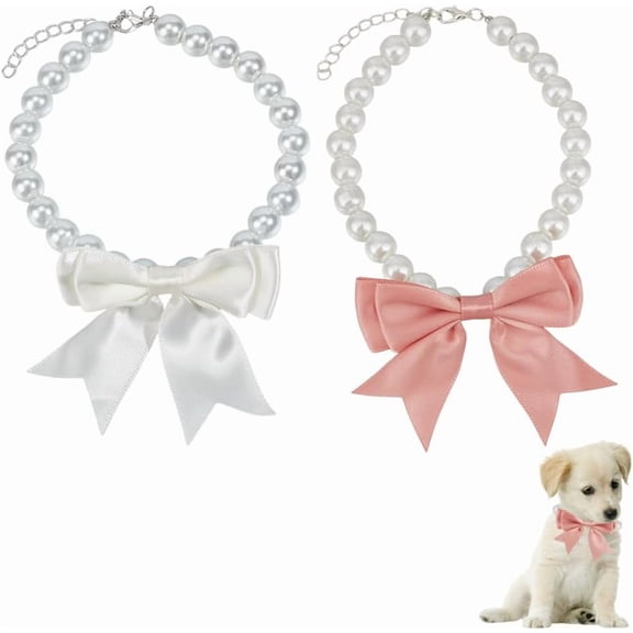 2pcs Pet Necklace Cat Pearl Bowknot Teddy Collar Pearl Jewelry Adjustable Cat Necklace Collar with Ribbon Tie Wedding Pet Accessories Ornaments for Small Dogs Cats