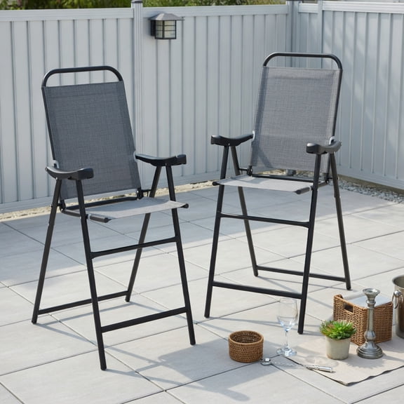 Topcobe Patio Folding Bar Stool Set of 2 with Metal Frame and Footrest, Outdoor Patio Furniture for Balcony Garden Backyard-Blue