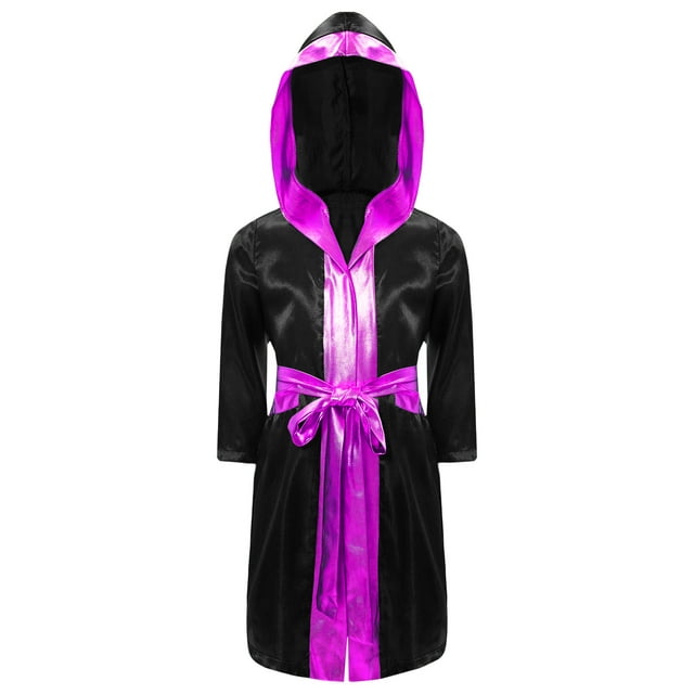 Raenseen Garçons Enfants Robe de Boxe à Manches Longues Uniforme Kick Boxe Art Martial Muay Thaï Entraînement à Capuche Noir&Rose Vif 16