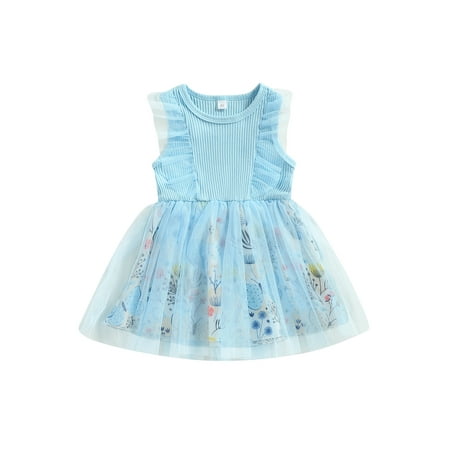 

Toddler Baby Girls Summer Dress Casual Floral Print Mesh Patchwork Ruffle Sleeveless Dress for Beach Party Wear