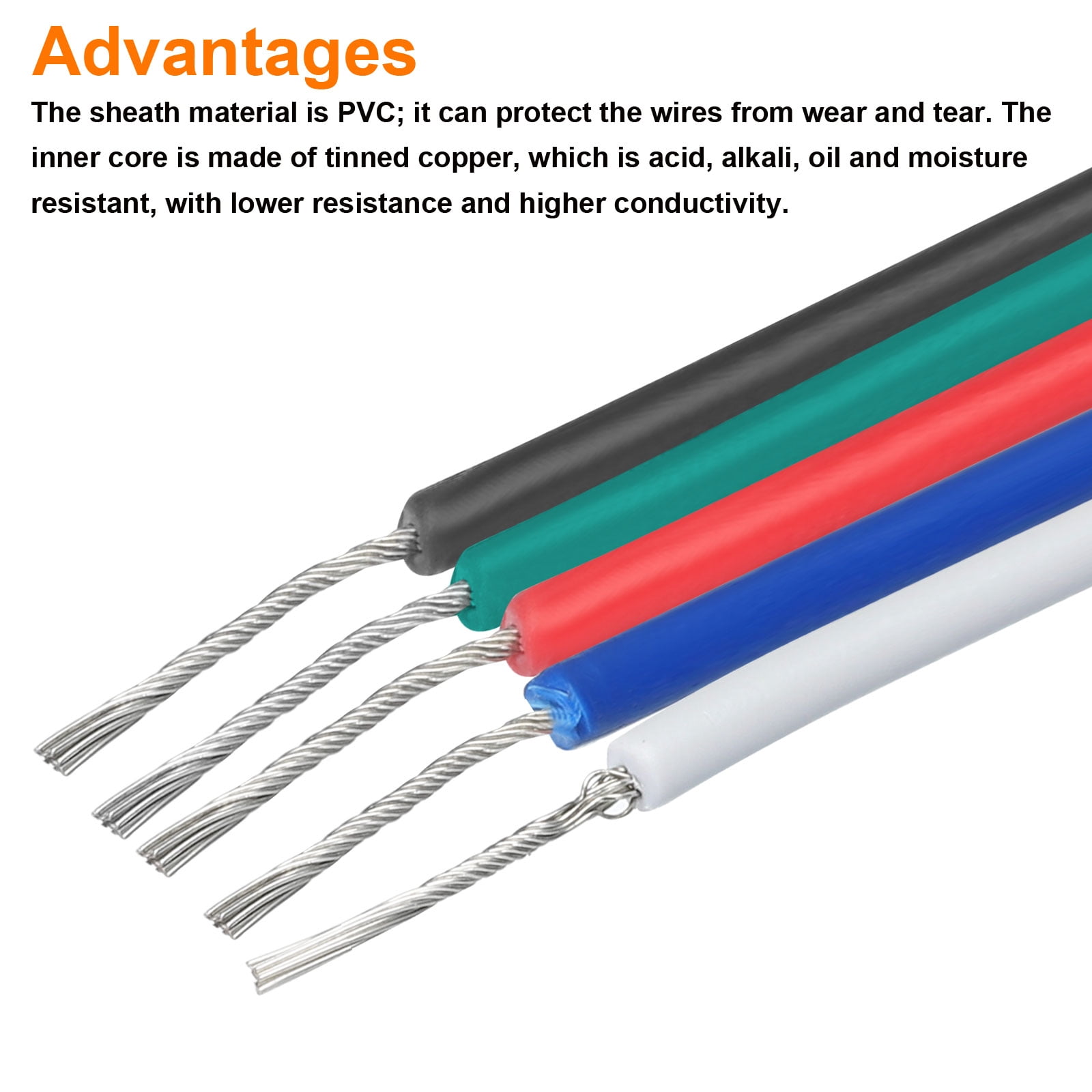 Uxcell 20 Gauge 5 Conductor Electrical Wire Tinned Copper Cable 49FT Stranded Wire for LED Strips Lamps Residential Wiring