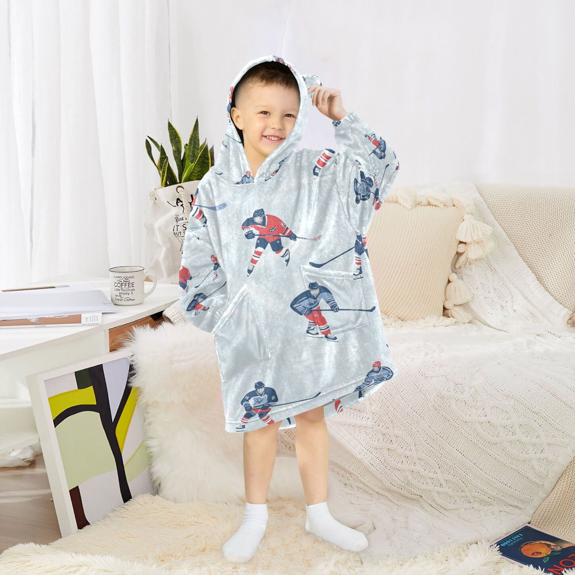 FORMRS Wearable Blanket Hoodie with Sleeves for Kids Cozy Flannel Sweatshirt, Hockey Action Zone