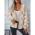 thumbnail image 3 of Womens Checkered Sweater Color Block Plaid Cardigan Oversized Long Sleeve Knit Open Front Coats Khaki M, 3 of 8