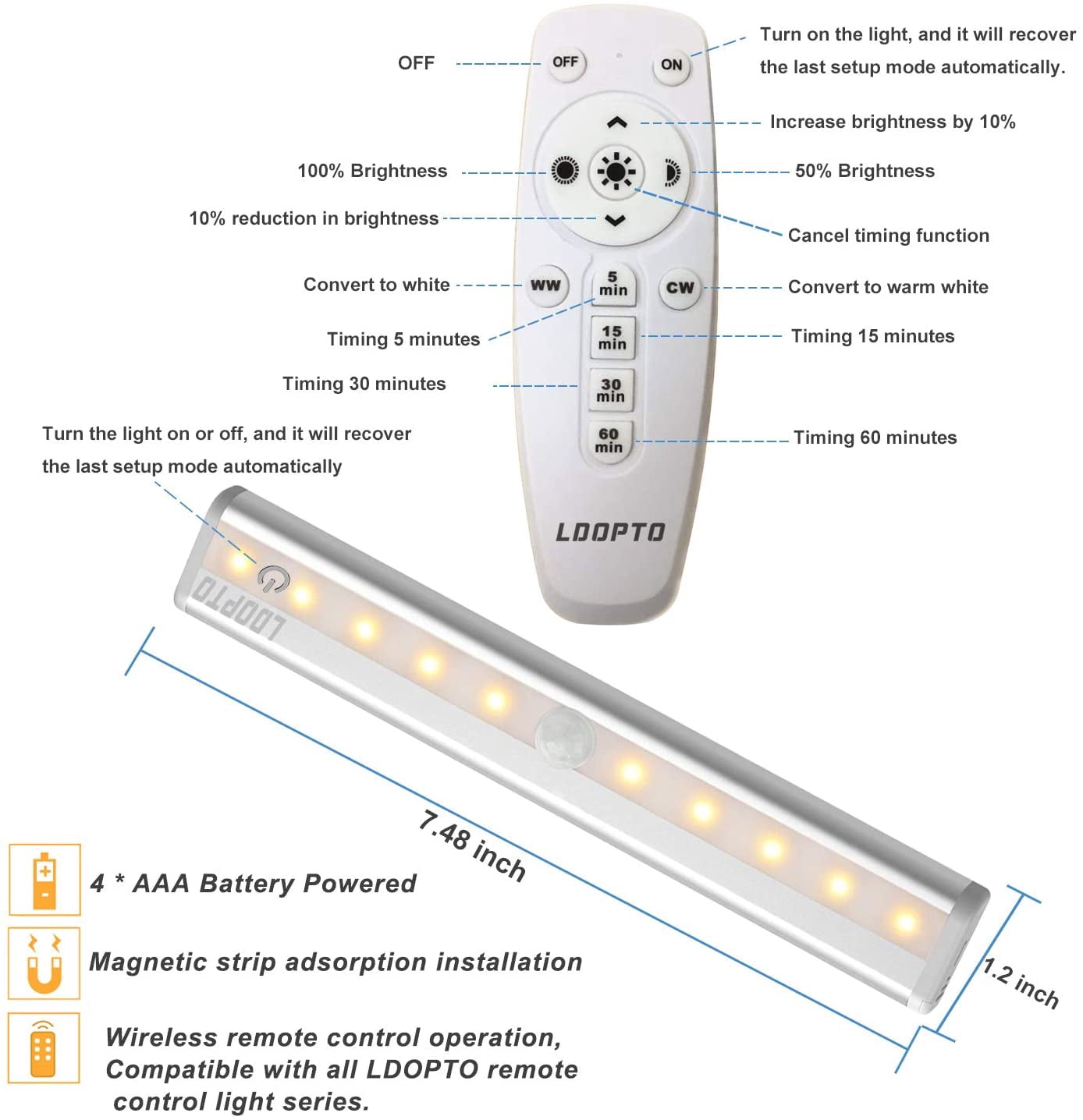 JJEAN-Under Cabinet Lights Wireless Battery Operated Lights with Remote Control LED Closet Lights Counter Wall Lights Without Wiring with Remote for Kitchen Shelf Hallway, Multiple Colors 2 Pack