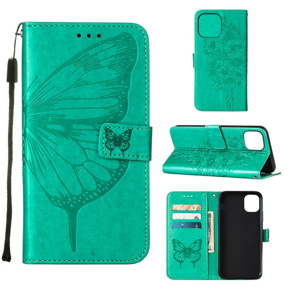 SaniMore Case for iPhone 15 (6.1" 2023), PU Leather Full-body Protective Cover with Luxury Embossed Butterfly [Wrist Strap & Card Slots & Flip Kickstand] Shockproof Wallet Cover, 
Green